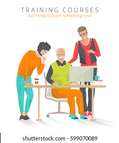 Concept of training courses for all ages. Concept of discussion.  Never too late to start study something new. Young man train and help senior man. Vector illustration.