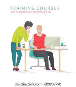 Concept of training courses for all ages. Never too late to start study something new. Young man train and help senior man or vice versa. Vector flat illustration.