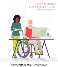 Concept of training courses for all people. Disabled man has opportunity to learn something new or to work via internet.  Vector flat illustration.