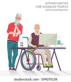 Concept of training courses for all people. Disabled man has opportunity to learn something new or to work via internet.  Vector flat illustration.