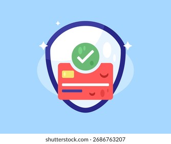 The concept of a transaction and payment protection and security system. Protecting the financial transaction process. Illustration of a shield, a check mark symbol, and an ATM card. Flat design style