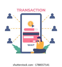concept of transactions, payments, money transfers. illustration of a woman sitting in front of a smartphone while sending money using a mobile application. flat design. can be used for landing page