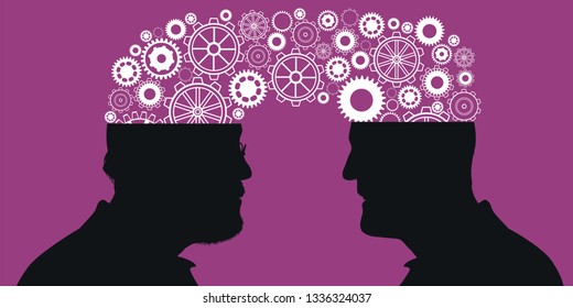Concept of the transfer of knowledge between two generations with as symbol, gears that pass from a brain of a senior to that of a young person.