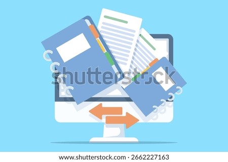 The concept of transferring documents or files. Documents and media content. Office workers or employees searching and indexing files. File managers. File storage.