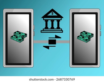 Concepto de transferencia de dinero entre Cuentas, de teléfono celular a teléfono celular. Dos teléfonos celulares transfiriendo dinero.