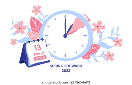 The concept of the transition to spring time. Floral landscape with text Spring is coming, with calendar, clock arrow goes to daylight saving time for web design, banners, email. Cute flat vector
