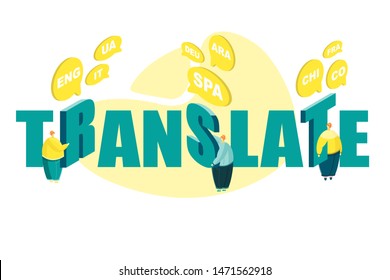  Concept of translating and interpreting for web banners. Digital translator, portable translator, electronic language translator concept on white and yellow background. Flat vector illustration