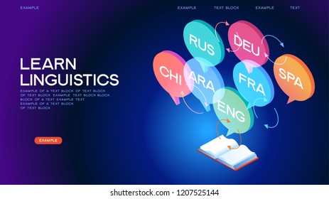 Concept of translating and interpreting for web banners.Concept on-line learning and teaching on theme of foreign languages. 3d isometric vector illustration.