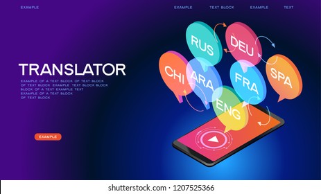 Concept of translating and interpreting for web banners.Concept on-line learning and teaching on theme of foreign languages. 3d isometric vector illustration.