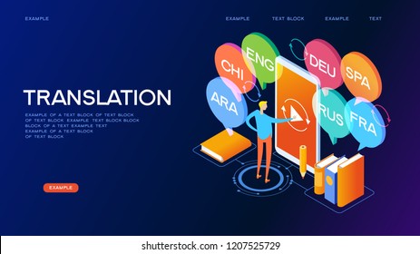 Concept of translating and interpreting for web banners.Concept on-line learning and teaching on theme of foreign languages. 3d isometric vector illustration.