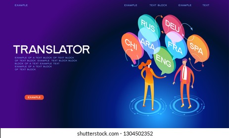 Concept of translating and interpreting for web banners.Concept on-line learning and teaching on theme of foreign languages. 3d isometric vector illustration.