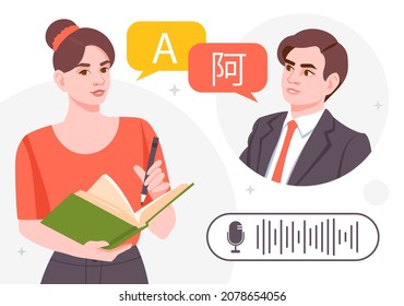 Concept of translator. Girl writes what man tells her, in different language. International, work, modern technology, voice message, audio. Polyglot, document. Cartoon flat vector illustration