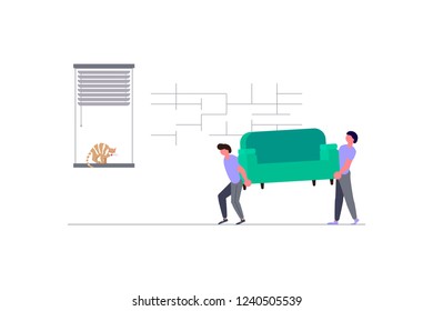 Concept for Transport company isolated on white background. Movers carring a sofa and cardboard boxes. Moving House and office. Vector illustration eps 10