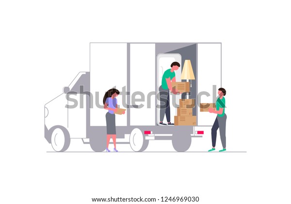 Concept for Transport company\
isolated on white background. Moving truck with movers and\
cardboard boxes. Moving House and office. Vector illustration eps\
10