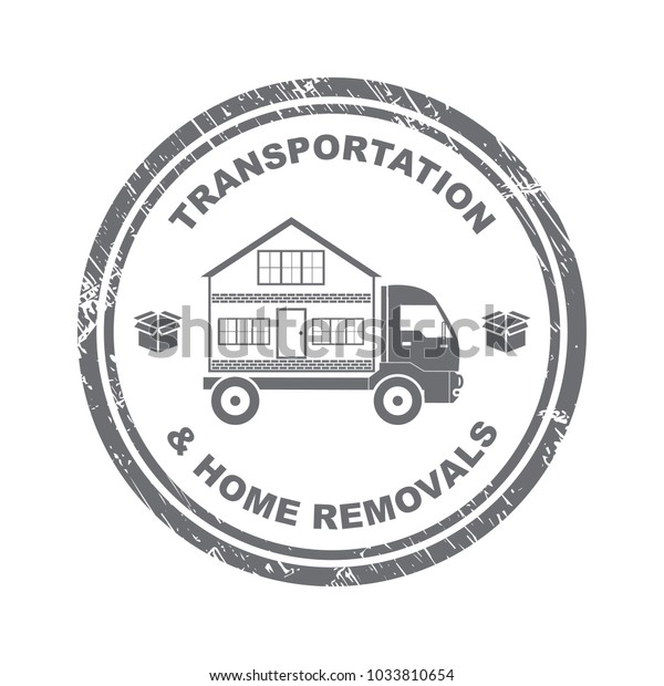 Concept Transportation and Home removal. \
Transportation and Home removal stamp. Silhouette of the house on\
the truck. Stock vector. Flat design.\

