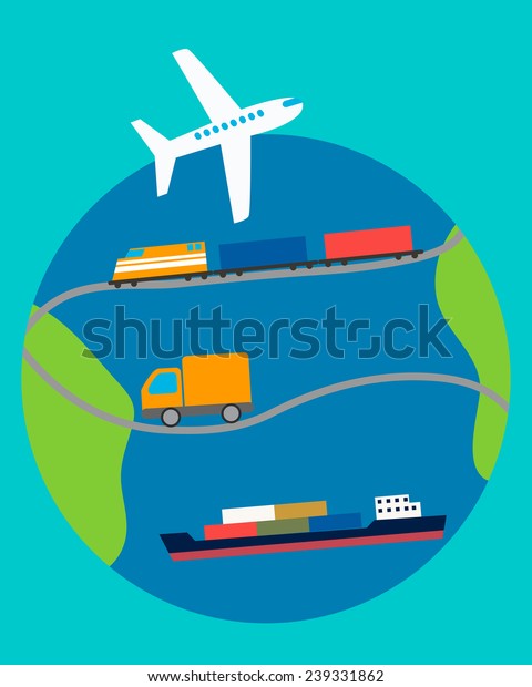 Concept of\
transportation. Truck, plane, ship and train on the background of\
the planet. Vector\
illustration