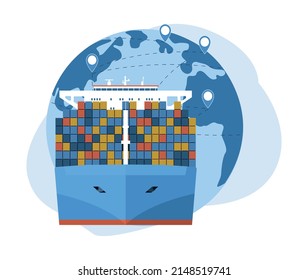 The concept of transporting containers on ships around the world. Vector illustration.