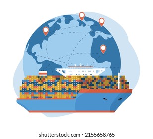 El concepto de transporte de contenedores en buques de todo el mundo. Ilustración vectorial.