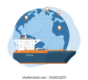 El concepto de transporte de petróleo por todo el mundo por buques cisterna. Ilustración vectorial.