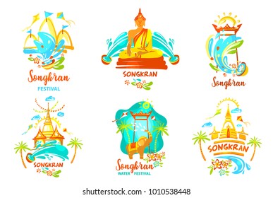 Concept for travel agency, company, bureau. Template banner poster, flyer with text Songkran Festival. Spring Songkran festival with elephant and water. Happy party in Thailand. Vector illustration.
