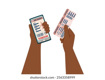 The concept of travel and buying plane tickets online. Human hands holding smartphone and airplane ticket. Vacation and business trip concept. Vector flat clipart.