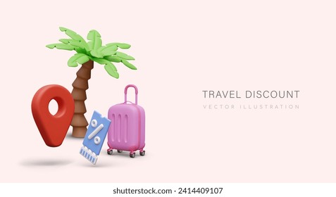 Concept of travel discounts. Advertising of tours to tropical countries. Vacation flyer at resort with palm trees. Last minute tour announcements. Hot offer from travel agency