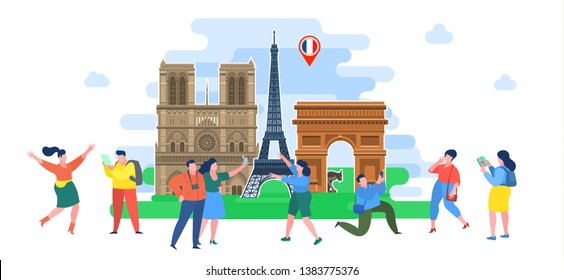 Concept of travel to France or studying French. French landmarks with mini people. Tourists in France. Flat design, vector illustration