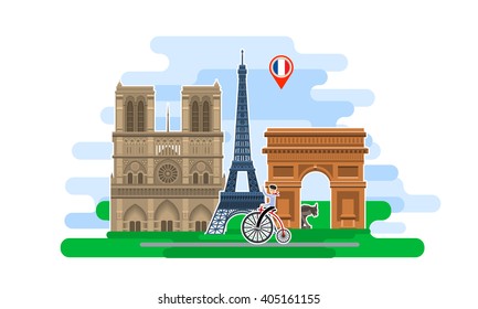 Concept of travel to France or studying French. French flag with landmarks. Flat design, vector illustration.