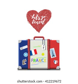 Concept Of Travel To France Or Studying French. French Flag On Suitcase. Flat Design, Vector Illustration