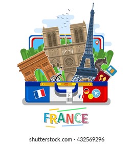 Concept of travel to France or studying French. French flag with landmarks in open suitcase. Tourism in France. Flat design, vector illustration