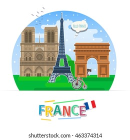 Concept of travel to France or studying French. French flag with landmarks. Flat design, vector illustration