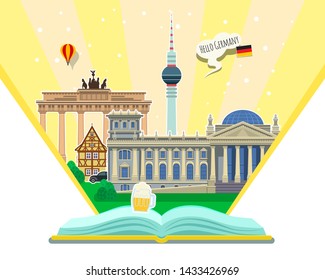 Concept of travel to Germany or studying German. German flag with landmarks in open book. Flat design, vector illustration