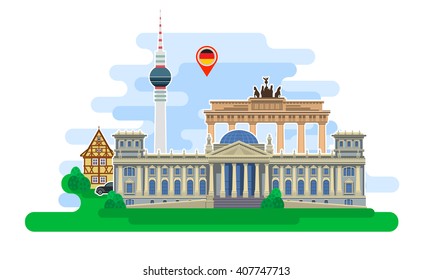 Concept of travel to Germany or studying German. German flag with landmarks. Flat design