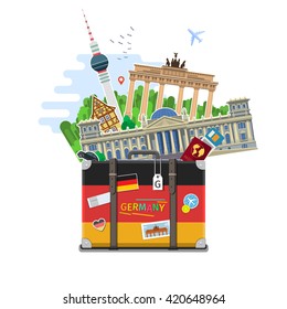 Concept of travel to Germany or studying German. German flag with landmarks in suitcase. Time to travel. Flat design, vector illustration