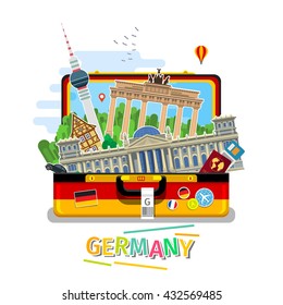 Concept of travel to Germany or studying German. German flag with landmarks in open suitcase. Flat design, vector illustration