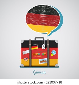 Concept of travel to Germany or studying German. Hand drawn German flag in speech bubble above suitcase with German symbols.