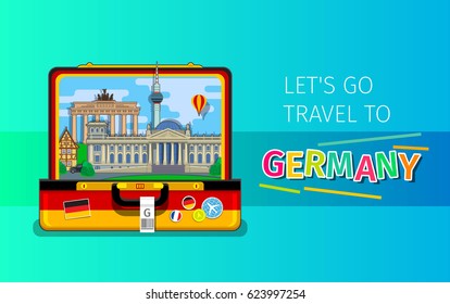 Concept of travel to Germany or studying German. German landmarks in open suitcase. Flat design, vector illustration