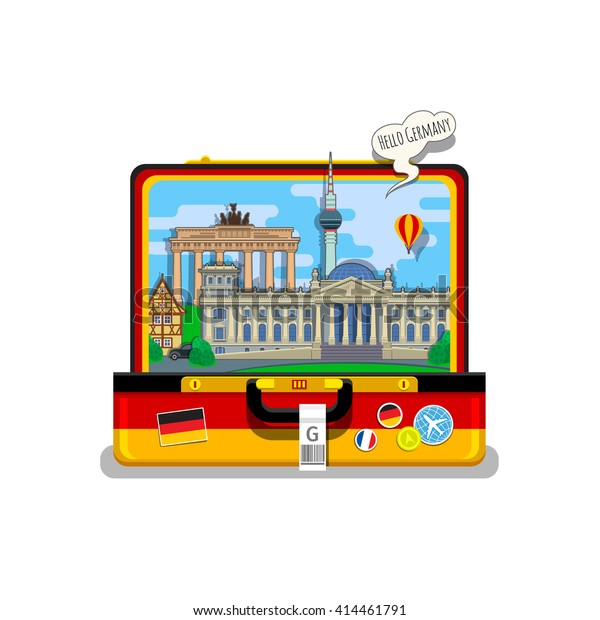 Concept of travel to Germany or studying\
German. German flag with landmarks in open suitcase. Flat design,\
vector illustration