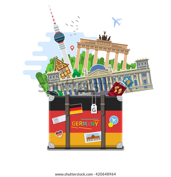 Concept of travel to Germany or studying\
German. German flag with landmarks in suitcase. Time to travel.\
Flat design, vector\
illustration