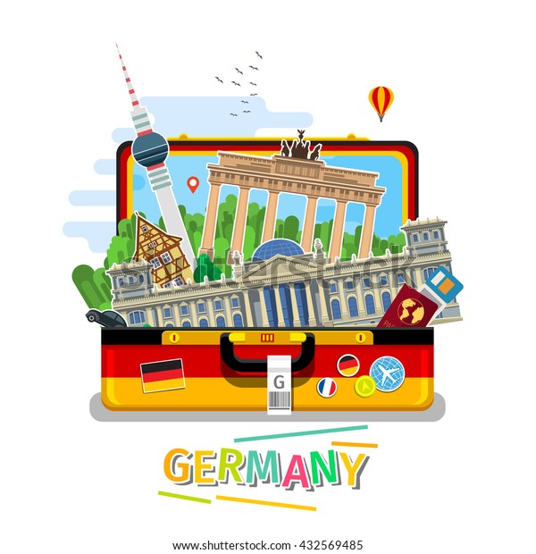 Concept of travel to Germany or studying\
German. German flag with landmarks in open suitcase. Flat design,\
vector illustration