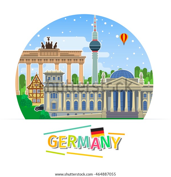 Concept of\
travel to Germany or studying German. German flag with landmarks.\
Flat design, vector\
illustration