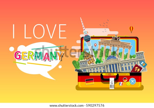 Concept of
travel to Germany or studying German. German landmarks in open
suitcase. Flat design, vector
illustration