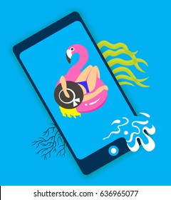 Concept of travel, girl on an inflatable pink flamingo swims and rests, online ordering holiday vouchers. Vector illustration.