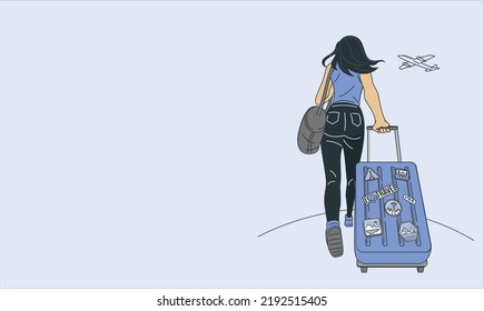 concept of travel. happy woman girl with suitcase. Back view of a tourist woman walking and carrying a suit case in an airport or station and airplane flying. Woman office worker rolls a brown bag