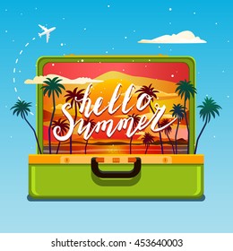 Concept of travel. Hello, summer. Open green suitcase with sunset and palm trees. Flat design, vector illustration.