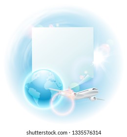 Concept travel illustration with airplane, blue globe and note for your text