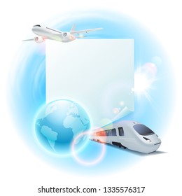 Concept travel illustration with airplane, train, globe and note for your text