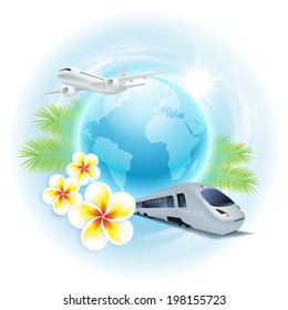 Concept travel illustration with airplane, train, globe, flowers and palm leaves. Concept travel card. EPS10 vector.