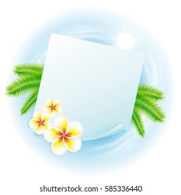Concept travel illustration with globe, flowers and palm leaves, sticker for your text. Travel concept for your business design. EPS10 vector.