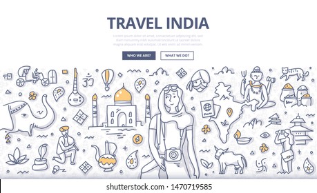 Concept of travel in India. Western woman traveler in scarf with camera visits sights of India. Doodle illustration for web banners, hero images, printed materials